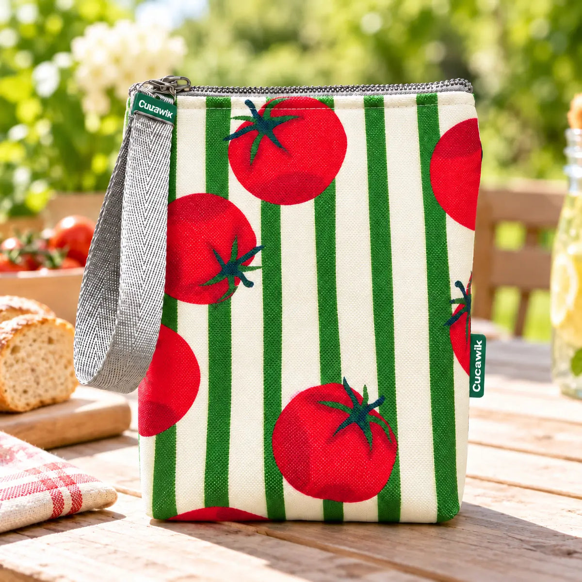 Bolsa isotérmica para snacks Tomates Fundo Riscas Verdes em ambiente de dia a dia
