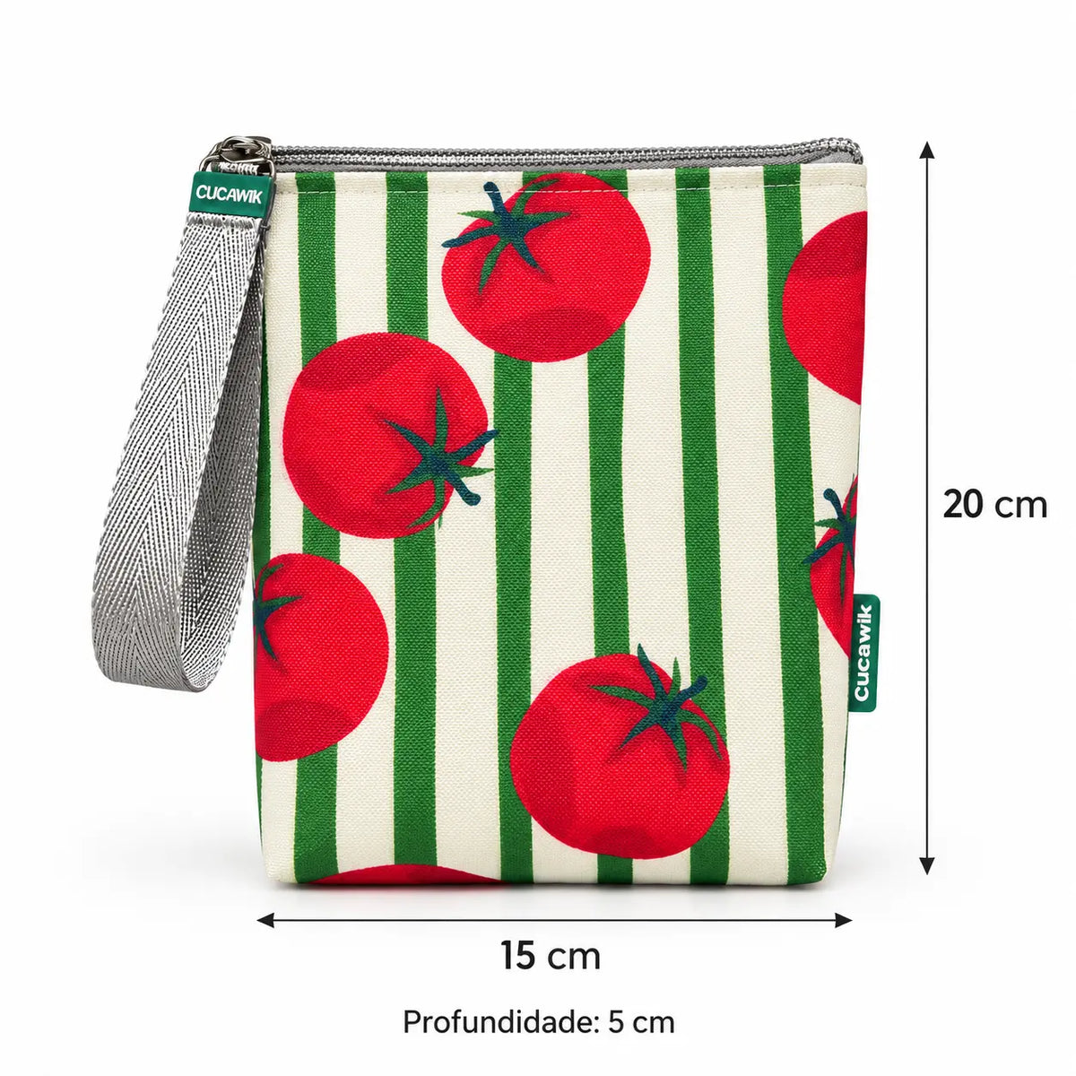 Medidas da bolsa isotérmica para snacks Tomates Fundo Riscas Verdes – 20 × 15 × 5 cm
