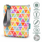 Características da bolsa isotérmica para snacks Triângulos Coloridos Pastel – poliéster impermeável