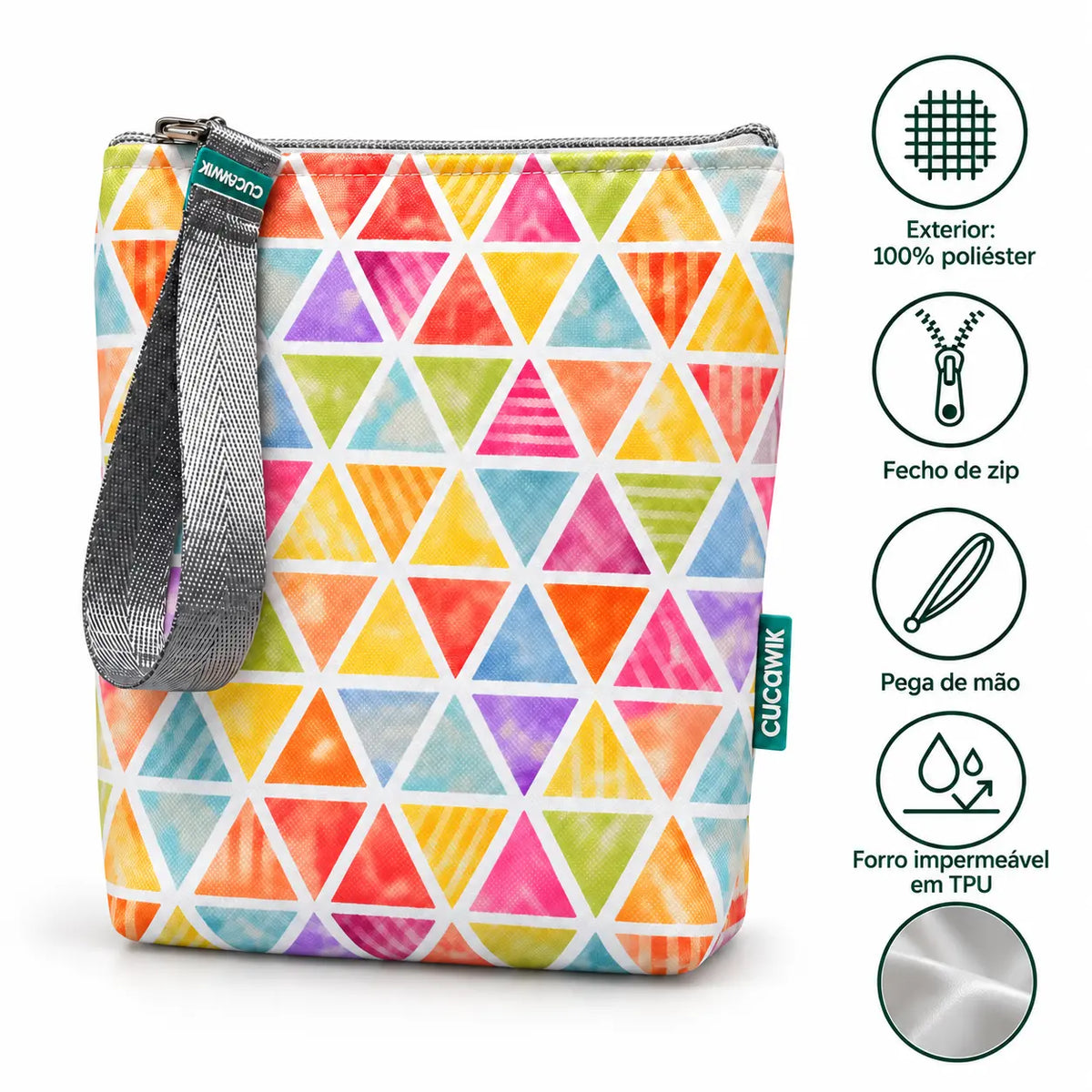 Características da bolsa isotérmica para snacks Triângulos Coloridos Pastel – poliéster impermeável