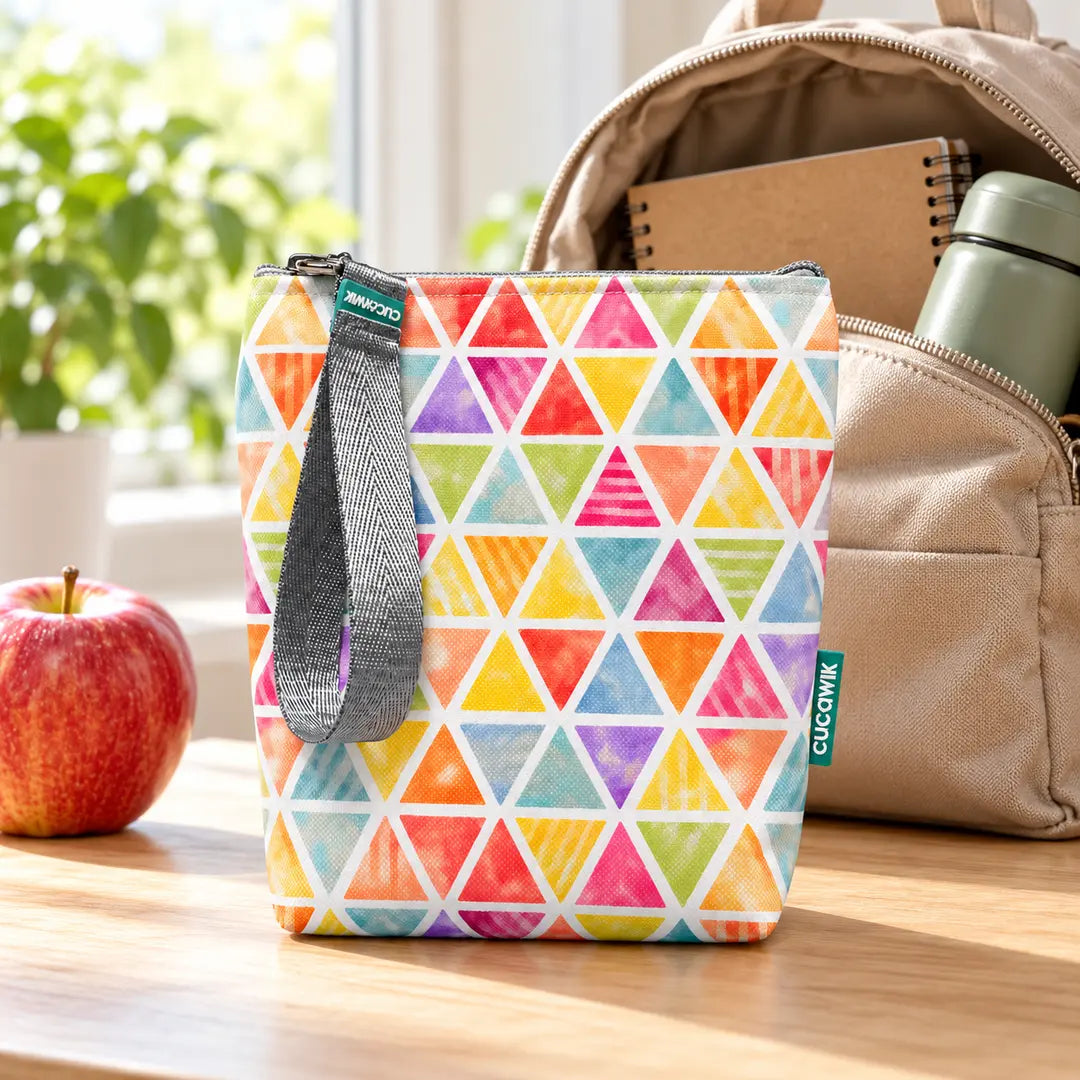 Bolsa isotérmica para snacks Triângulos Coloridos Pastel em ambiente de dia a dia
