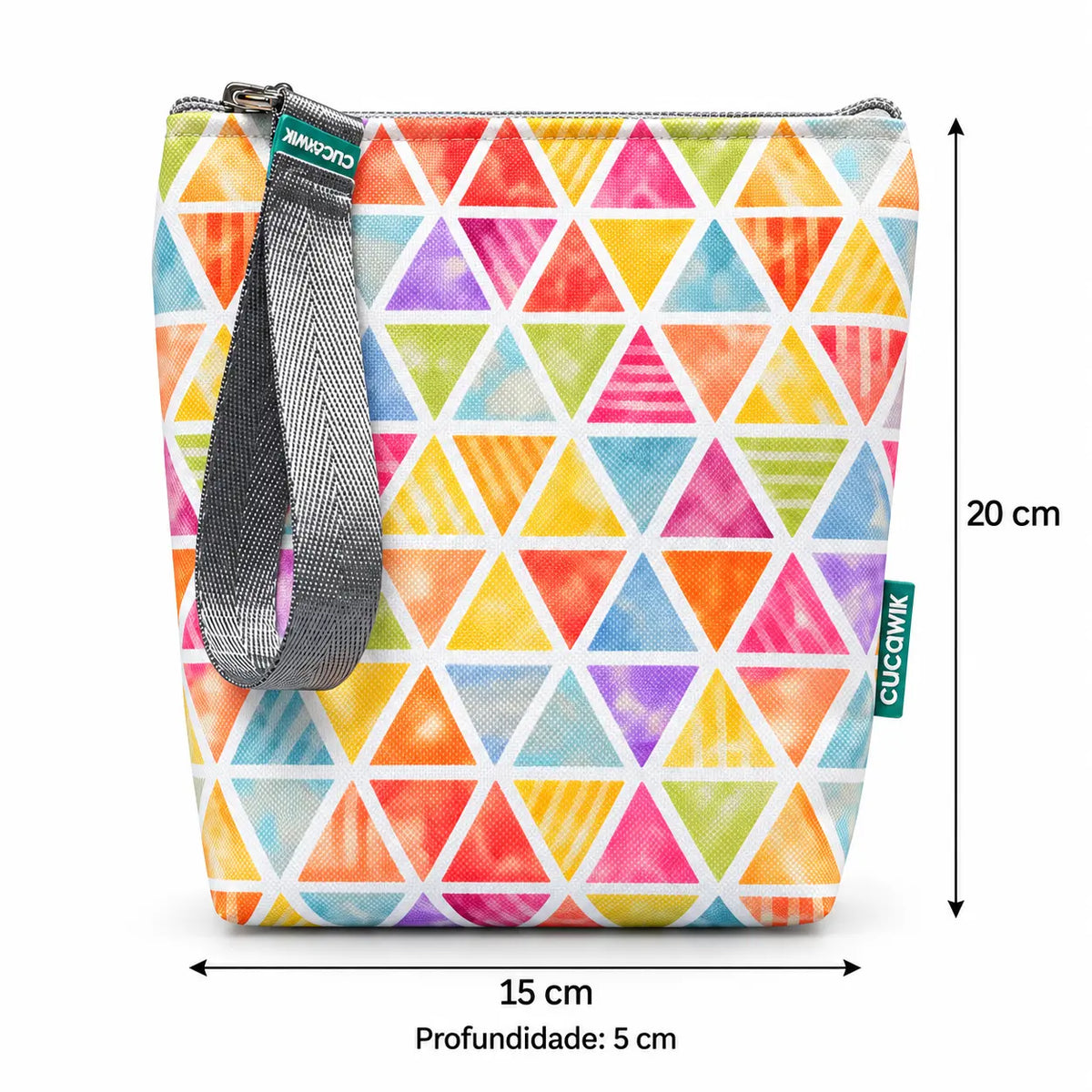 Medidas da bolsa isotérmica para snacks Triângulos Coloridos Pastel – 20 × 15 × 5 cm