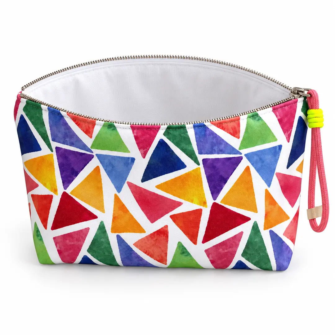 Necessaire Grande Impermeável Gal Triângulos Coloridos Aguarela — aberta e vazia, interior branco sem forro