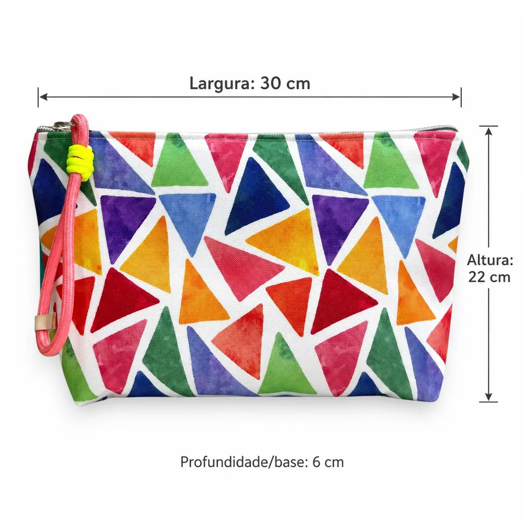 Necessaire Grande Impermeável Gal Triângulos Coloridos Aguarela — medidas 30 cm de largura, 22 cm de altura e 6 cm de base