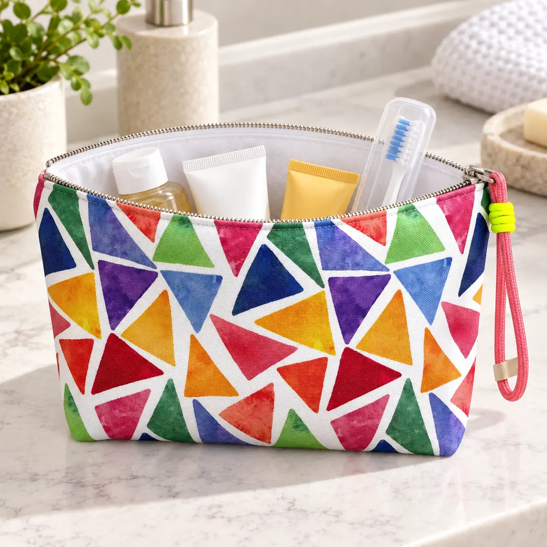 Necessaire Grande Impermeável Gal Triângulos Coloridos Aguarela aberta com produtos de higiene e cosmética