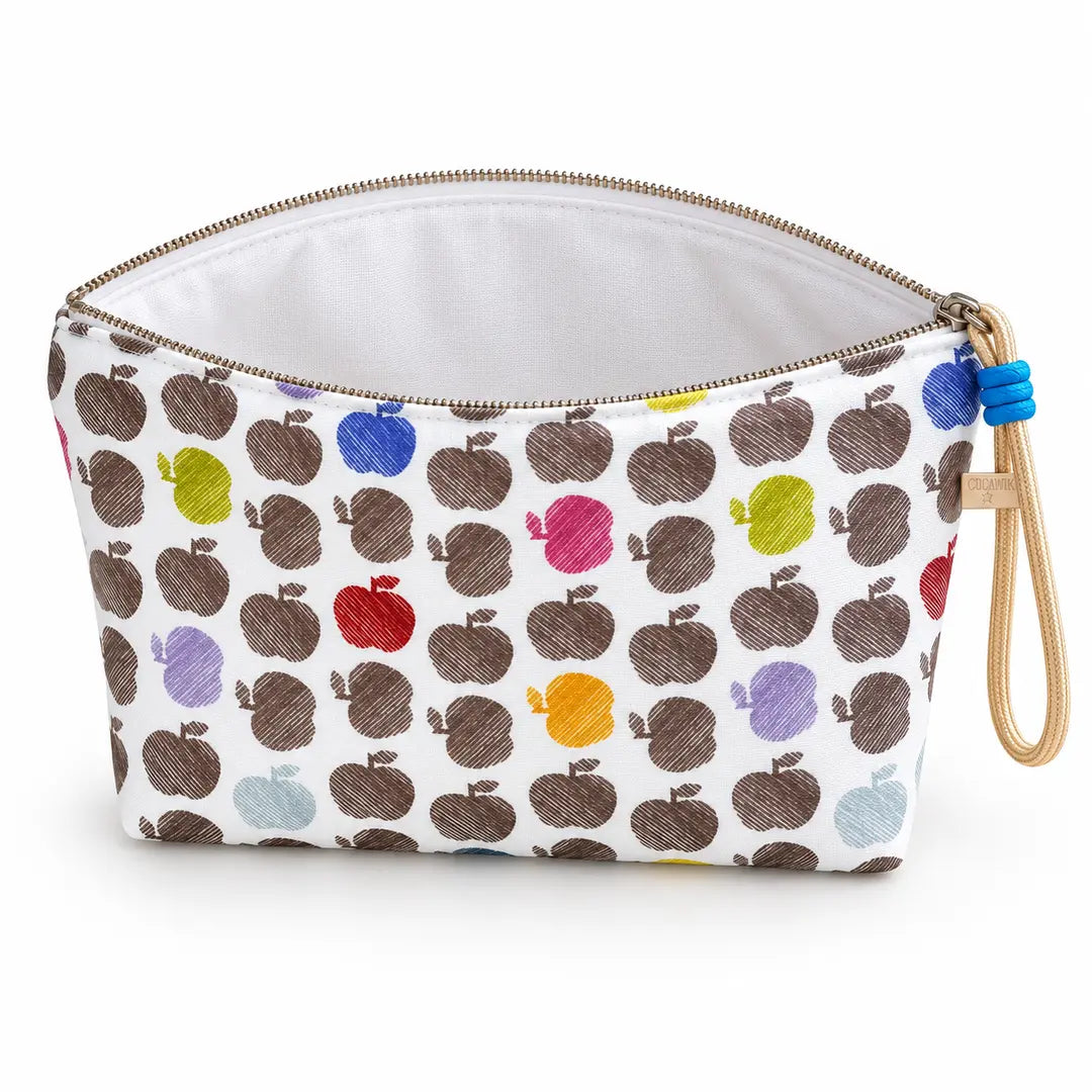 Necessaire Grande Impermeável Gal Maçãs Coloridas Fundo Branco — aberta e vazia, interior branco sem forro