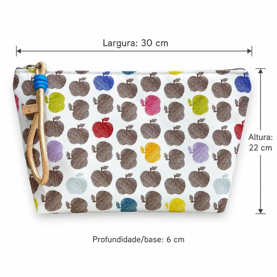 Necessaire Grande Impermeável Gal Maçãs Coloridas Fundo Branco — medidas 30 cm de largura, 22 cm de altura e 6 cm de base
