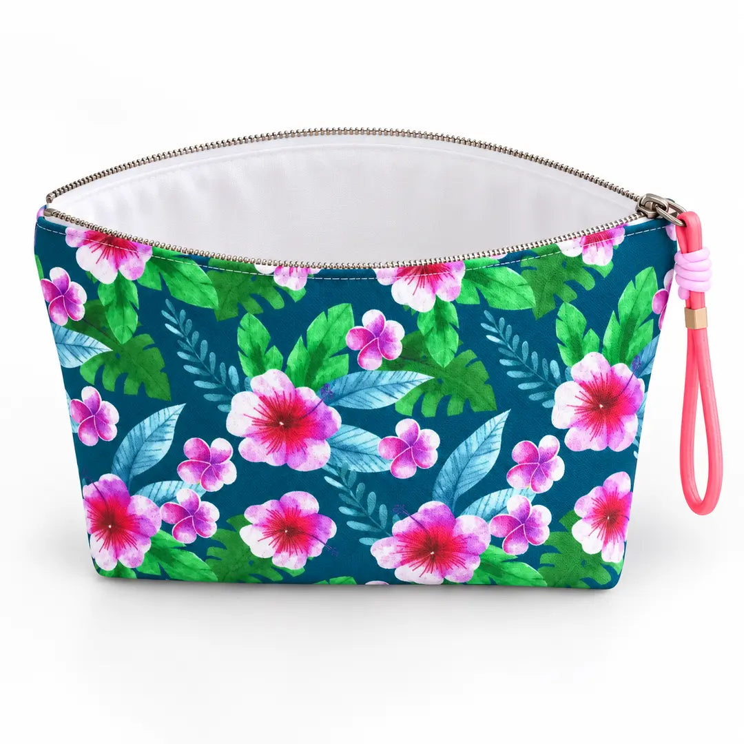 Necessaire Grande Impermeável Gal Hibiscos Tropical Rosa Petróleo — aberta e vazia, interior branco sem forro