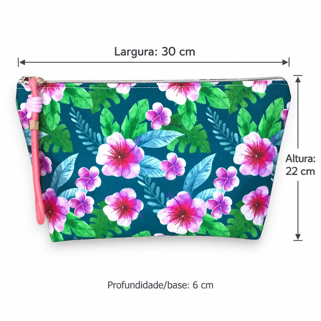 Necessaire Grande Impermeável Gal Hibiscos Tropical Rosa Petróleo — medidas 30 cm de largura, 22 cm de altura e 6 cm de base