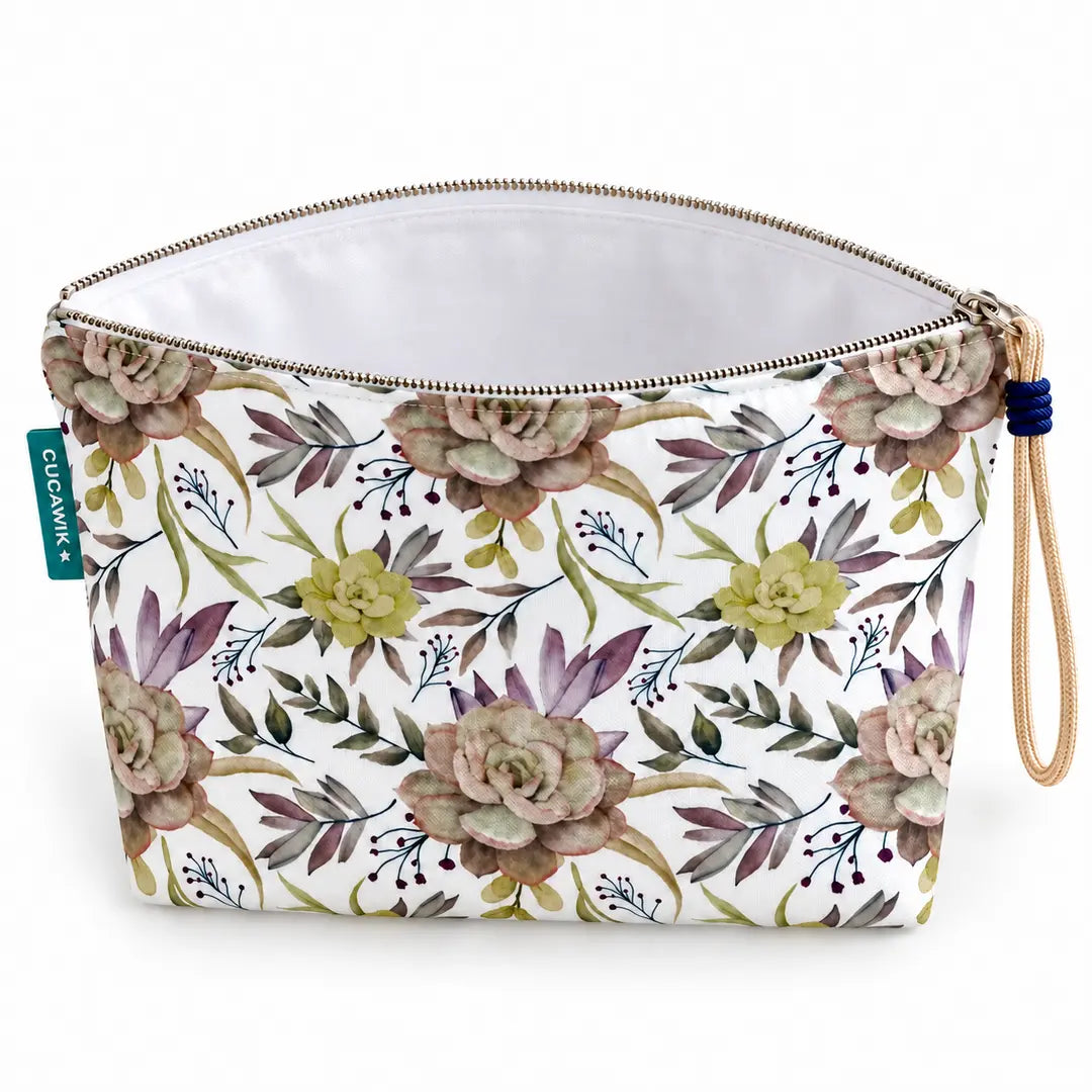 Necessaire Grande Impermeável Gal Plantas Suculentas — aberta e vazia, interior branco sem forro