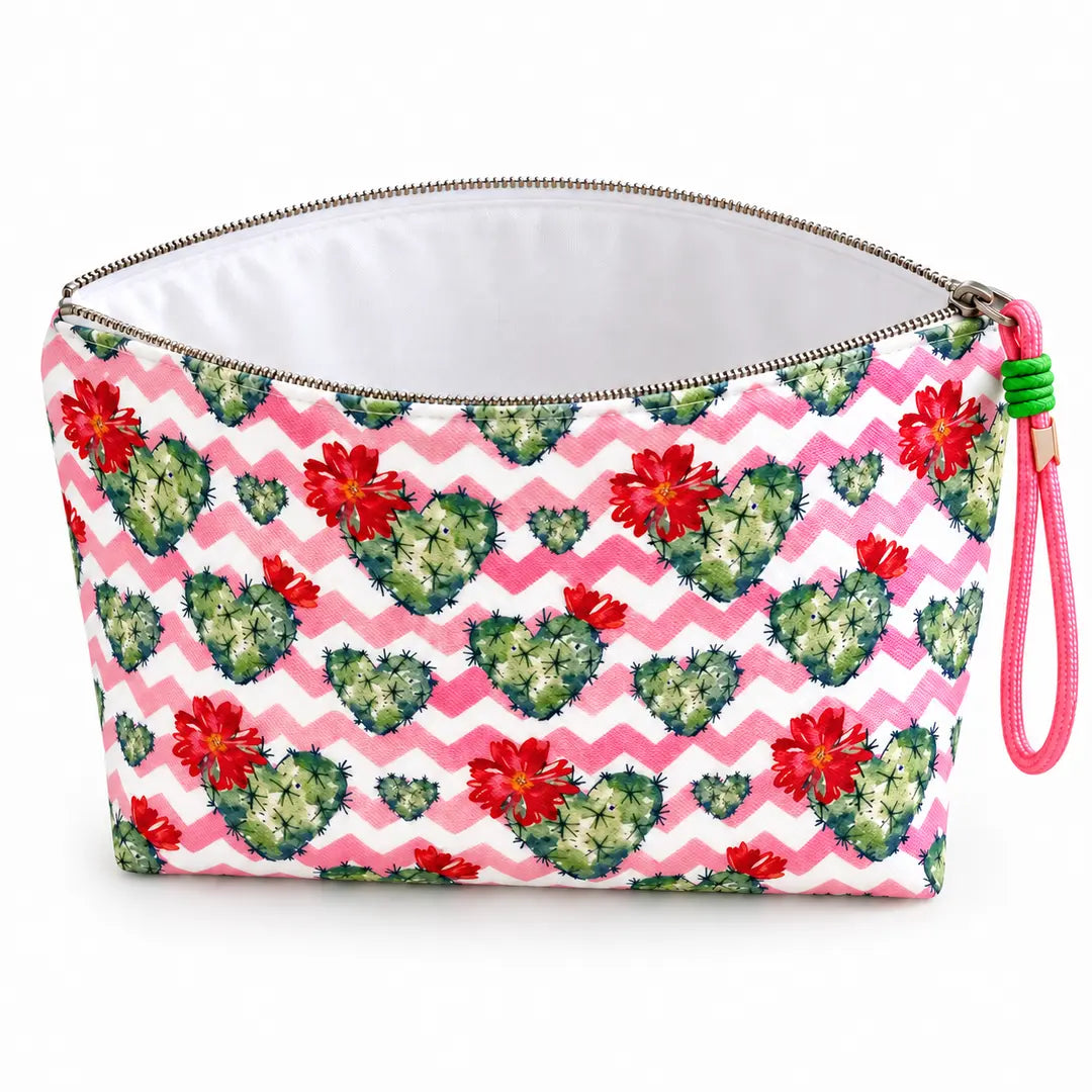 Necessaire Grande Impermeável Gal Corações Cacto Floral — aberta e vazia, interior branco sem forro