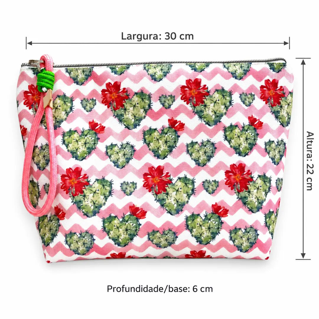 Necessaire Grande Impermeável Gal Corações Cacto Floral — medidas 30 cm de largura, 22 cm de altura e 6 cm de base