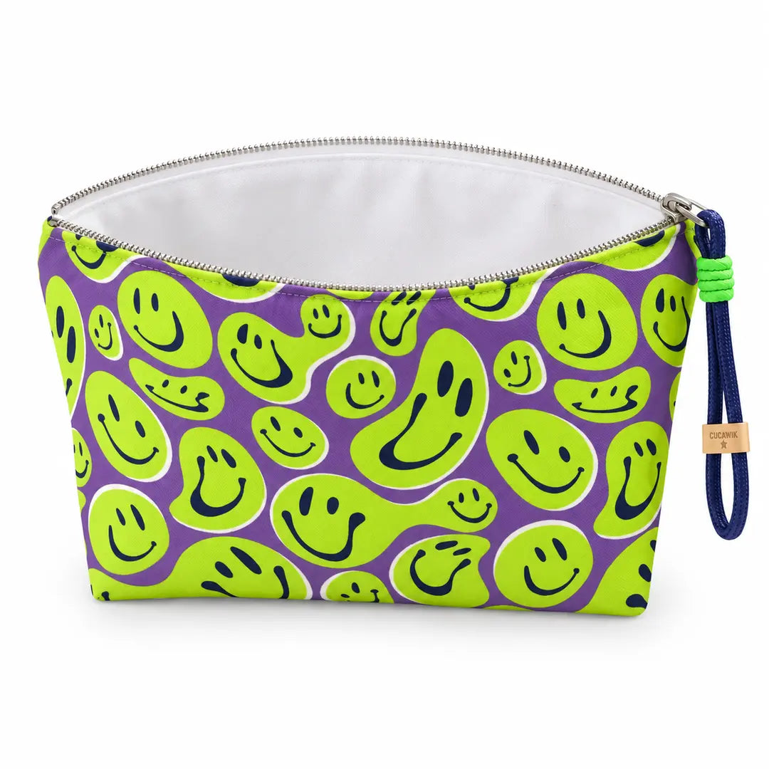 Necessaire Grande Impermeável Gal Smiles Verdes Lilás — aberta e vazia, interior branco sem forro