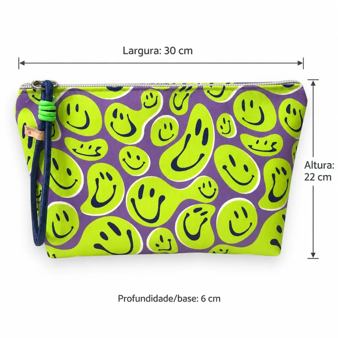 Necessaire Grande Impermeável Gal Smiles Verdes Lilás — medidas 30 cm de largura, 22 cm de altura e 6 cm de base