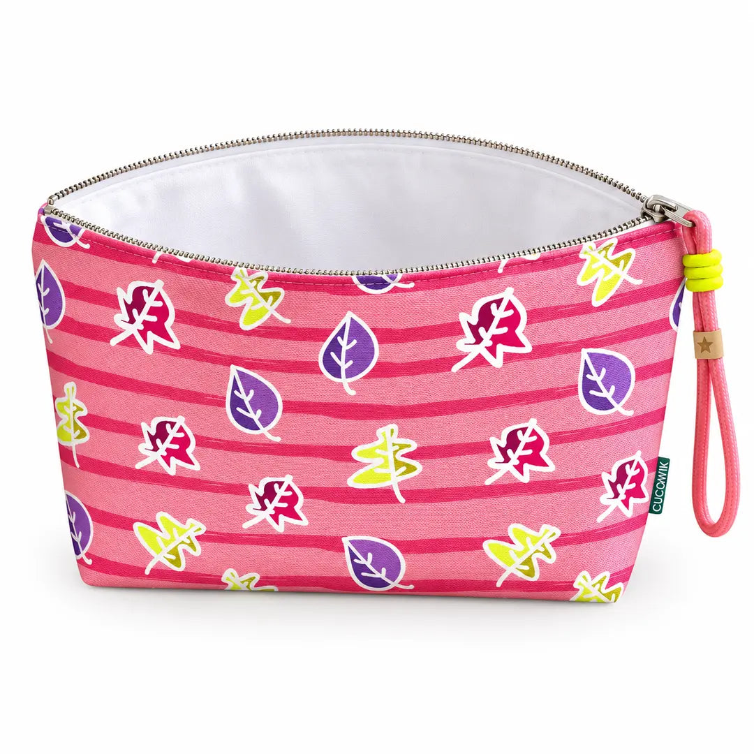 Necessaire Grande Impermeável Gal Folhas Outono Rosa Roxo Verde — aberta e vazia, interior branco sem forro