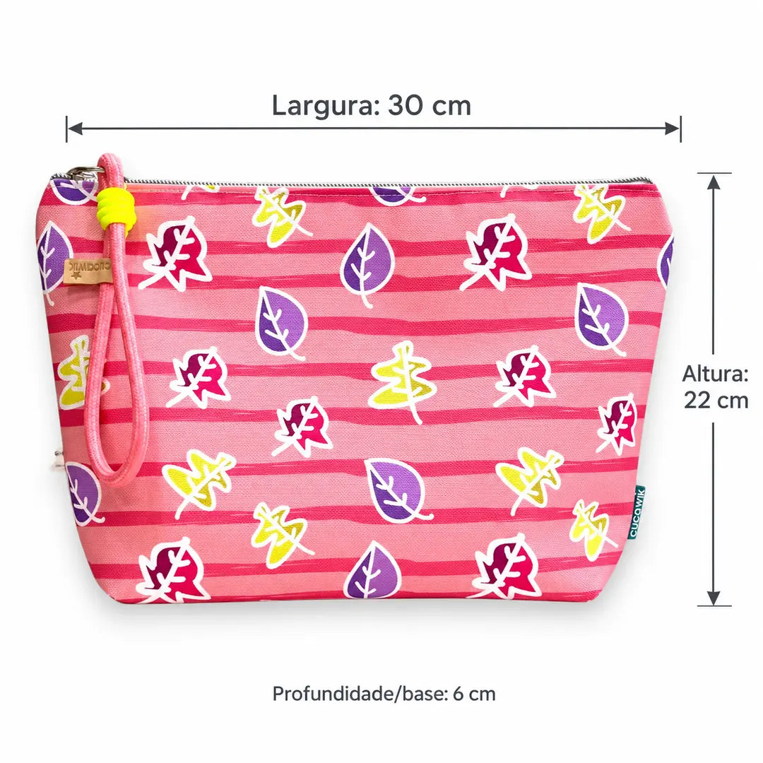 Necessaire Grande Impermeável Gal Folhas Outono Rosa Roxo Verde — medidas 30 cm de largura, 22 cm de altura e 6 cm de base