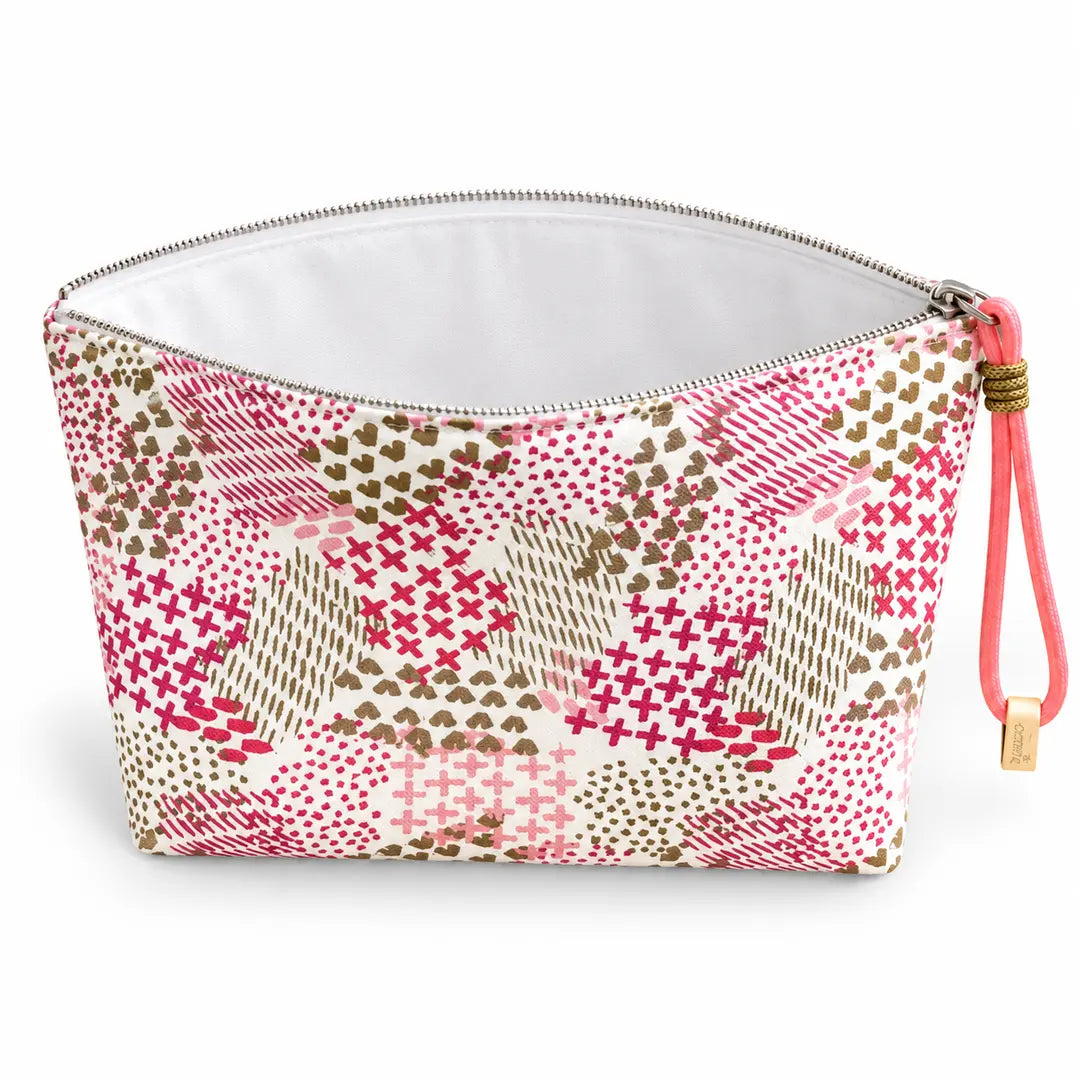 Necessaire Grande Impermeável Gal Patchwork Rosa Verde — aberta e vazia, interior branco sem forro