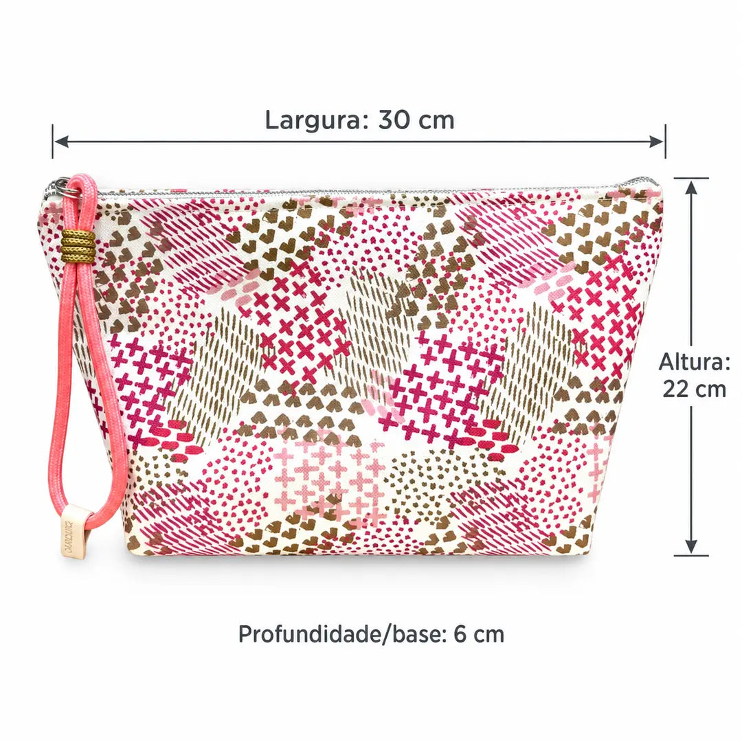 Necessaire Grande Impermeável Gal Patchwork Rosa Verde — medidas 30 cm de largura, 22 cm de altura e 6 cm de base