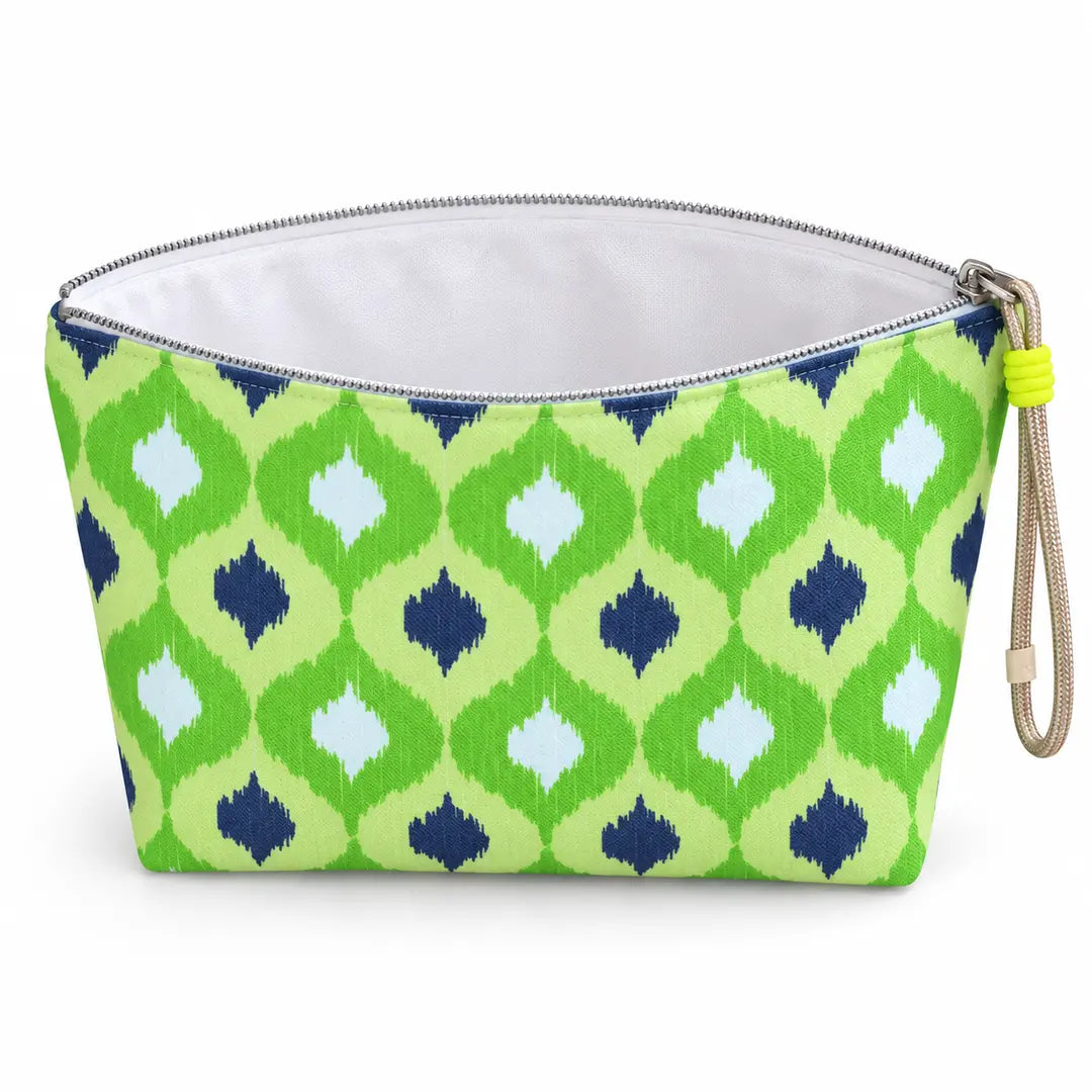 Necessaire Grande Impermeável Gal Ikat Verde Cinzento — aberta e vazia, interior branco sem forro