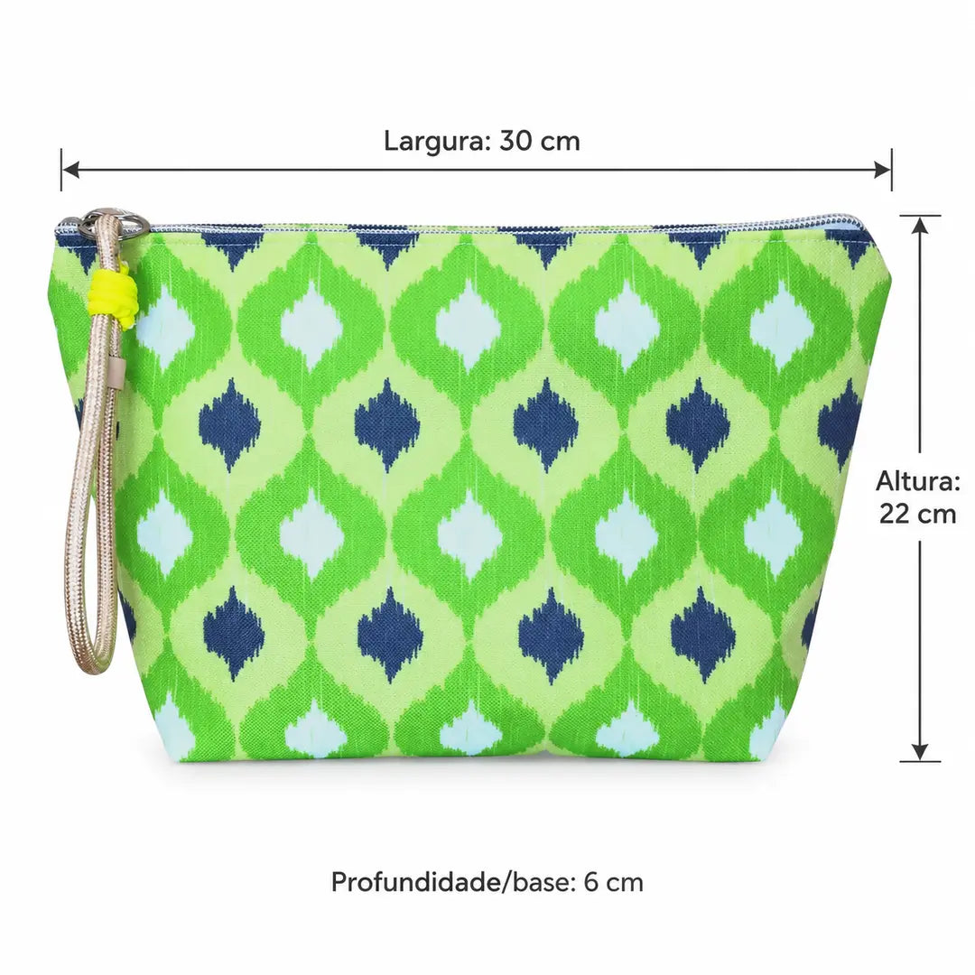 Necessaire Grande Impermeável Gal Ikat Verde Cinzento — medidas 30 cm de largura, 22 cm de altura e 6 cm de base