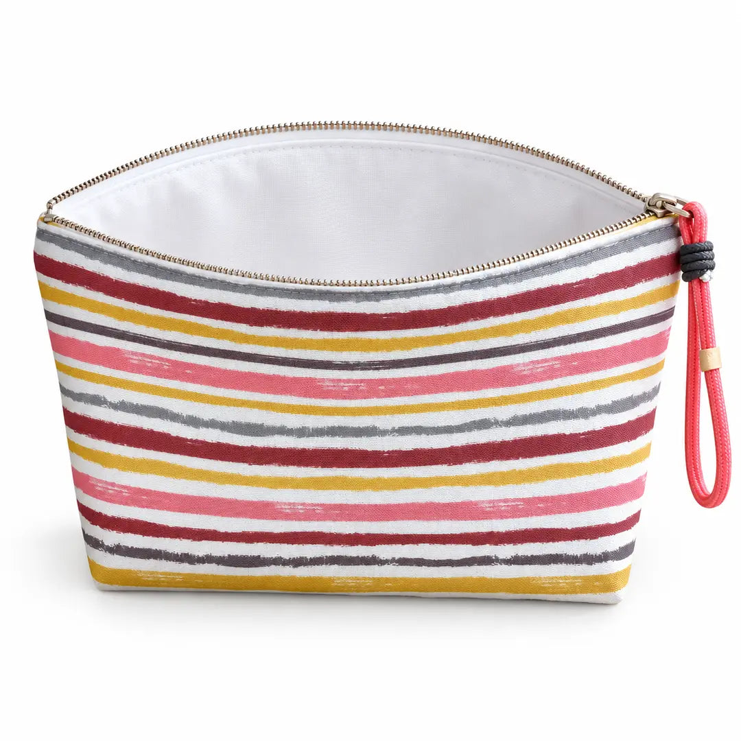 Necessaire Grande Impermeável Gal Riscas Pastel Aguarela — aberta e vazia, interior branco sem forro
