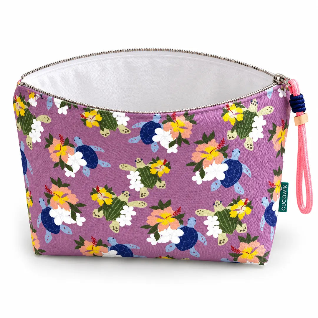 Necessaire Grande Impermeável Gal Tartarugas e Flores Tropical Lilás — aberta e vazia, interior branco sem forro