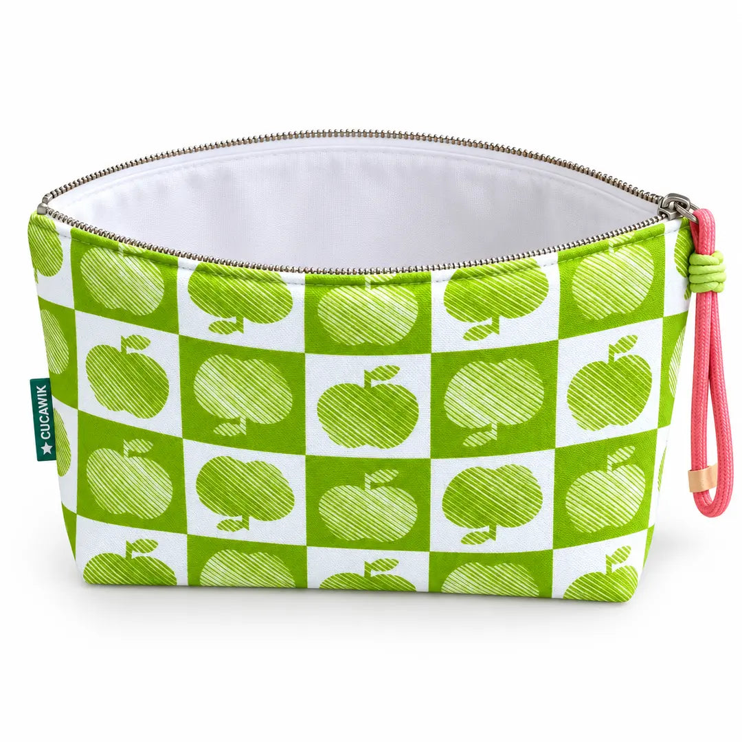 Necessaire Grande Impermeável Gal Maçãs Verdes Xadrez — aberta e vazia, interior branco sem forro