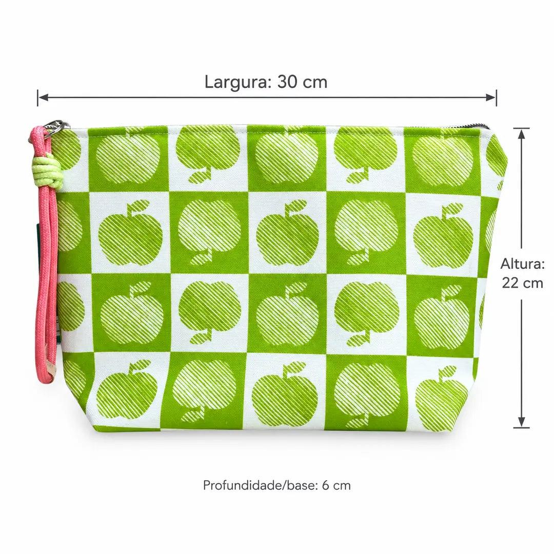 Necessaire Grande Impermeável Gal Maçãs Verdes Xadrez — medidas 30 cm de largura, 22 cm de altura e 6 cm de base