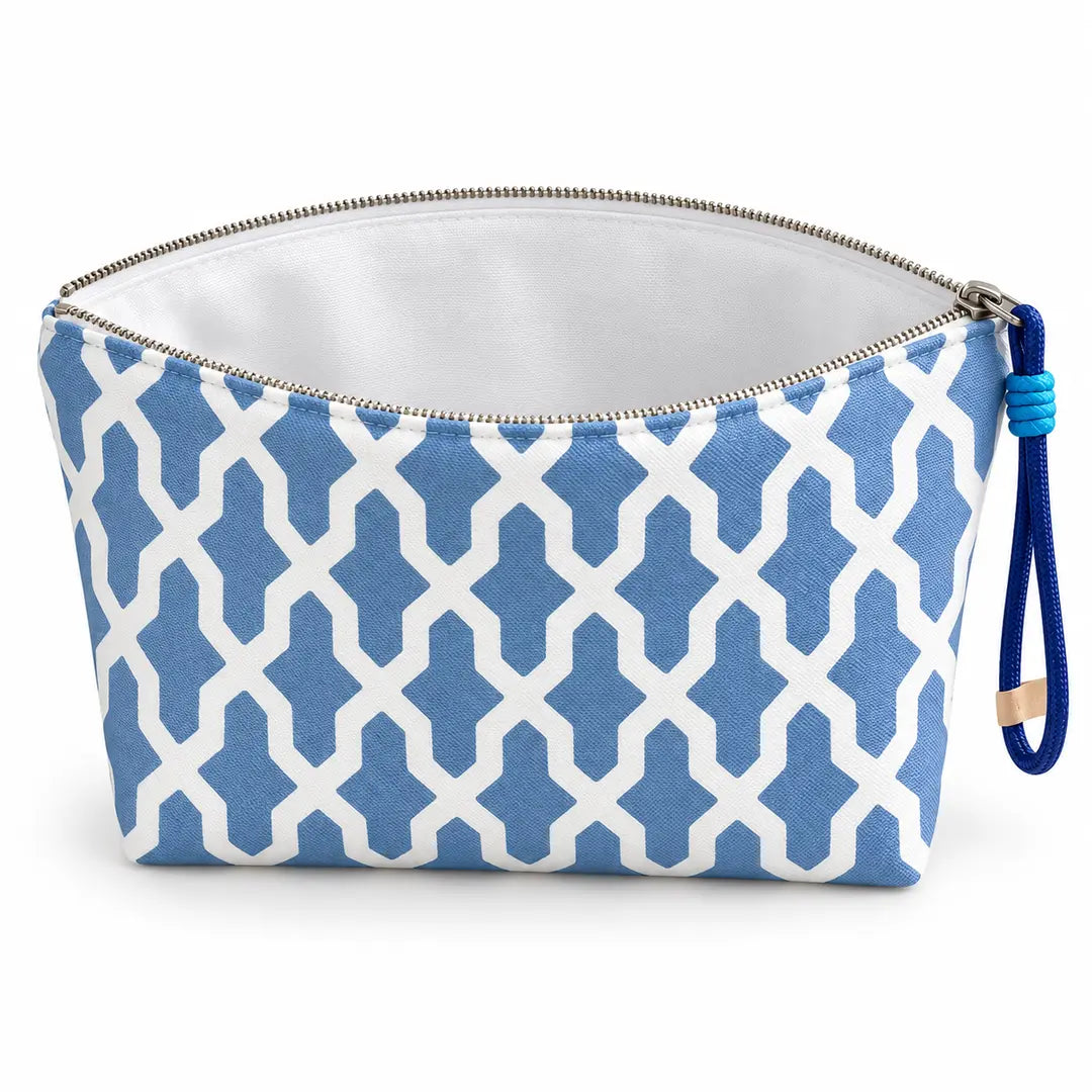 Necessaire Grande Impermeável Gal Interligado Orgânico Azul Claro — aberta e vazia, interior branco sem forro