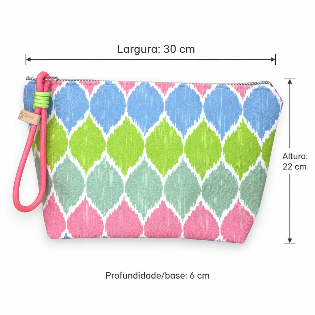 Necessaire Grande Impermeável Gal Ikat Pastel Rosa Verde Azul — medidas 30 cm de largura, 22 cm de altura e 6 cm de base