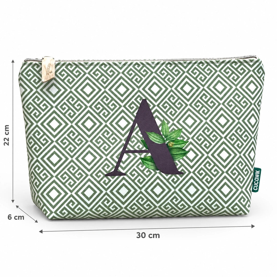 Bolsa Guta verde letra A — medidas 30 × 22 × 6 cm