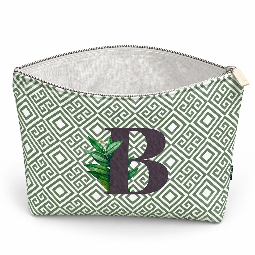 Bolsa Guta verde letra B — aberta e vazia, interior branco sem forro e sem divisórias