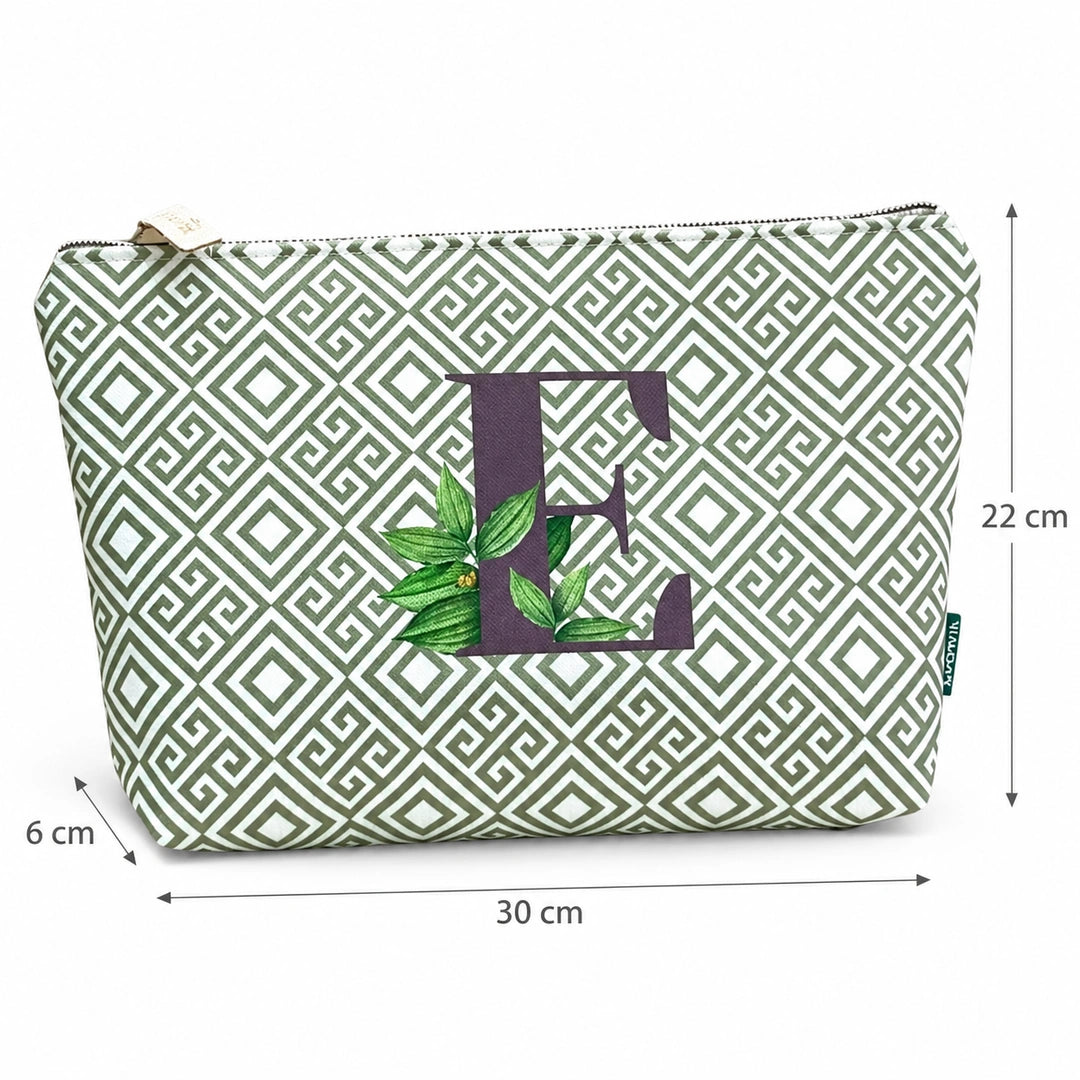 Bolsa Guta verde letra E — medidas 30 × 22 × 6 cm