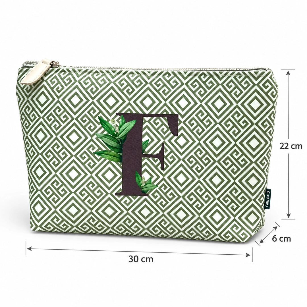 Bolsa Guta verde letra F — medidas 30 × 22 × 6 cm