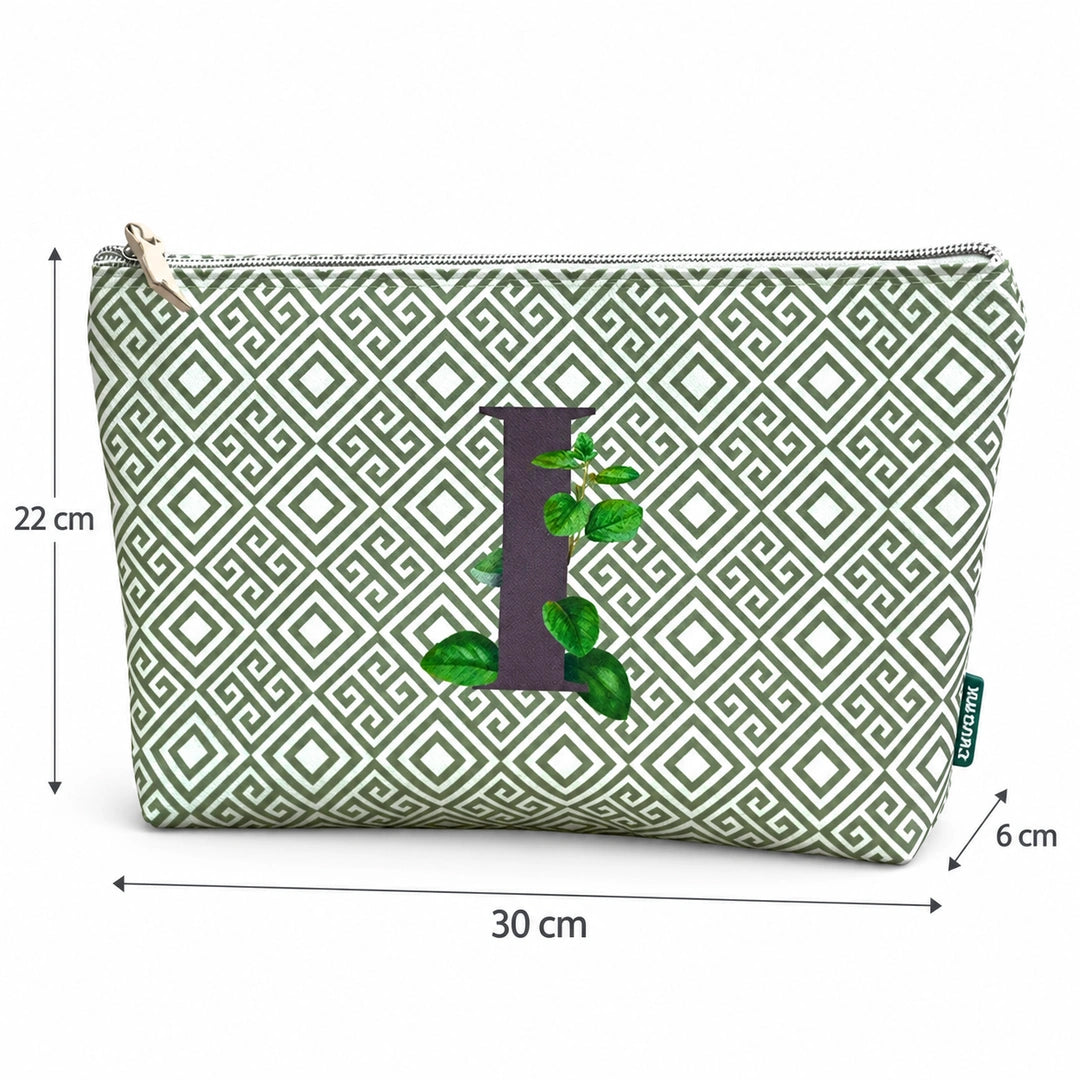 Bolsa Guta verde letra I — medidas 30 × 22 × 6 cm