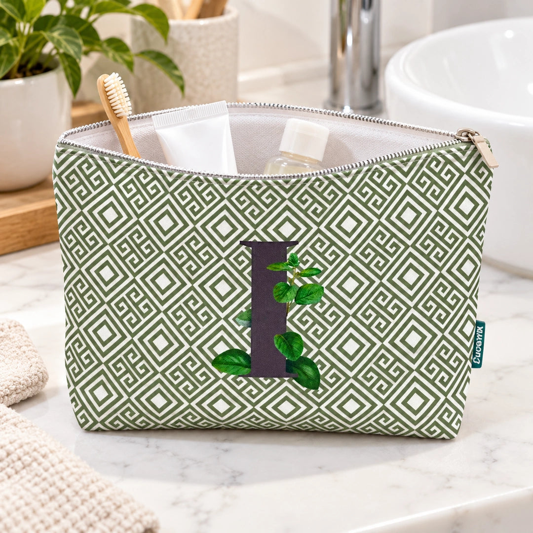 Bolsa Guta verde letra I — aberta em utilização com artigos de higiene