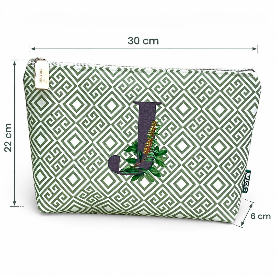 Bolsa Guta verde letra J — medidas 30 × 22 × 6 cm