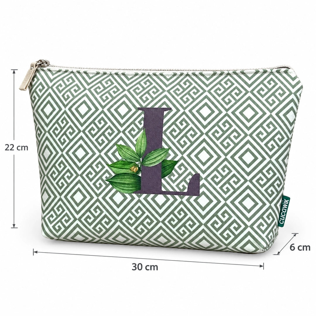 Bolsa Guta verde letra L — medidas 30 × 22 × 6 cm