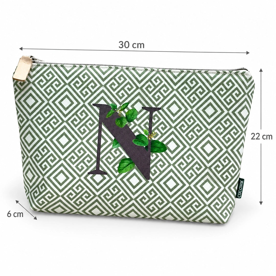 Bolsa Guta verde letra N — medidas 30 × 22 × 6 cm