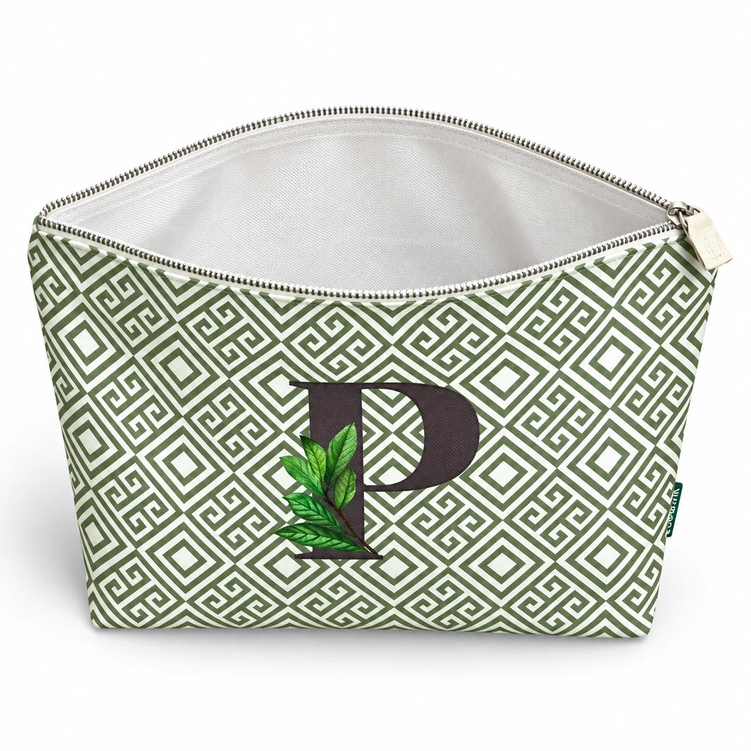Bolsa Guta verde letra P — aberta e vazia, interior branco sem forro e sem divisórias