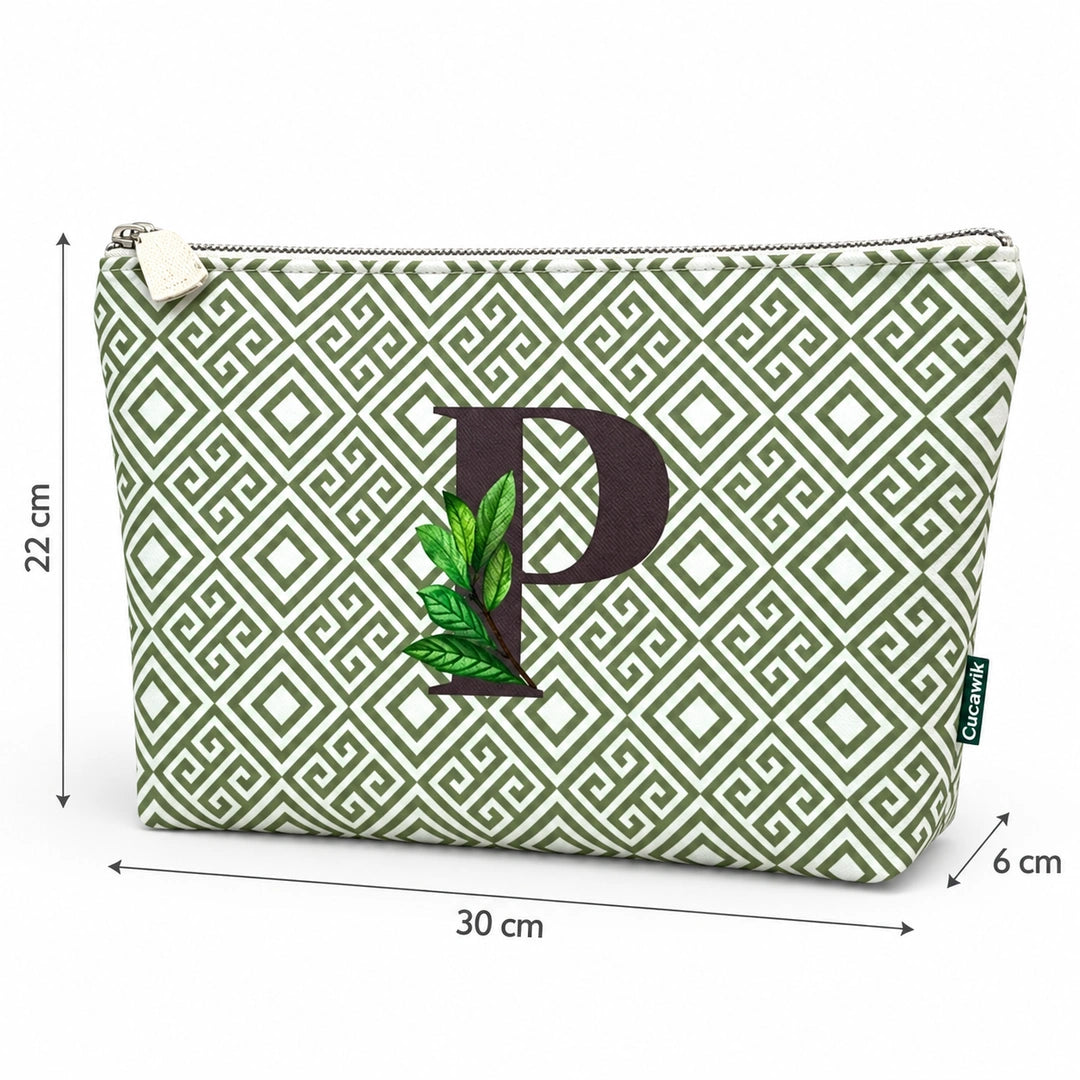 Bolsa Guta verde letra P — medidas 30 × 22 × 6 cm