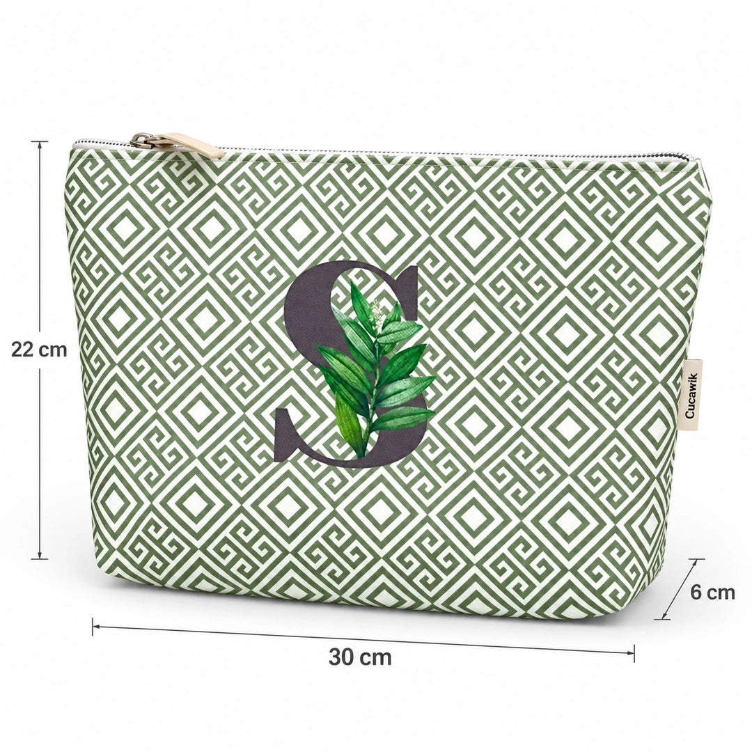 Bolsa Guta verde letra S — medidas 30 × 22 × 6 cm