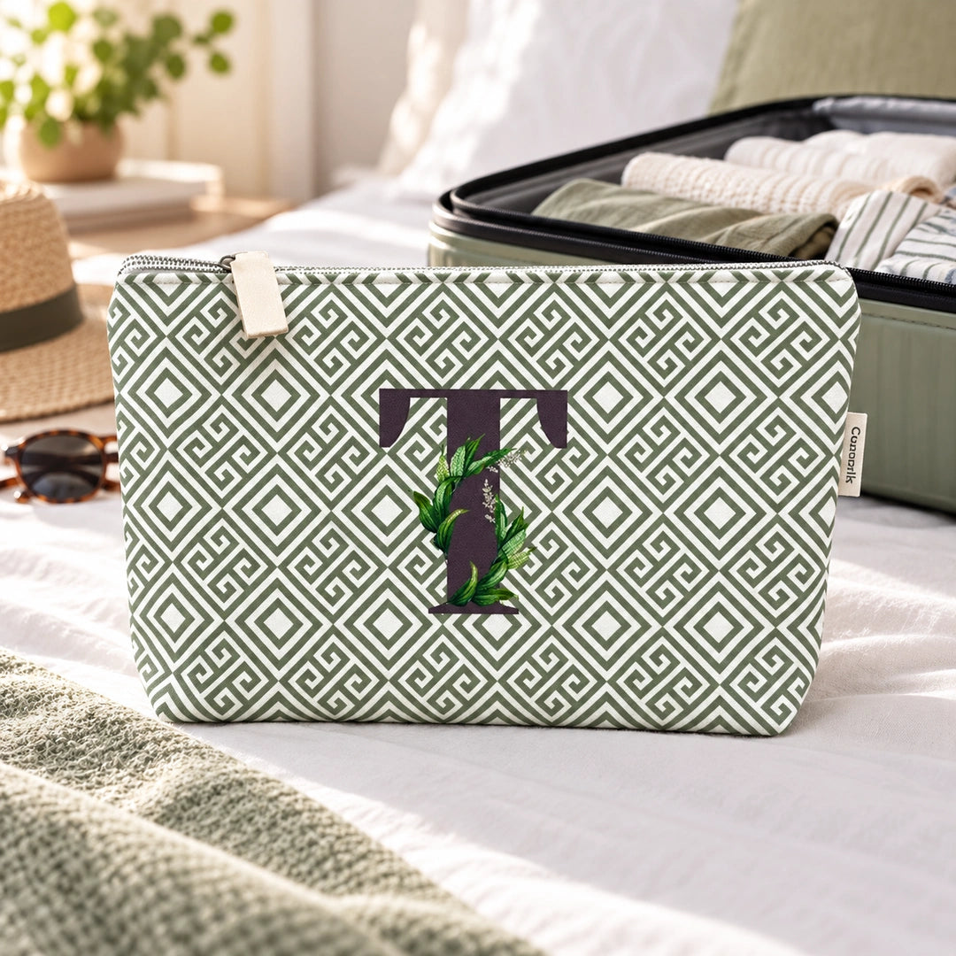 Bolsa Guta verde letra T — ambiente de viagem