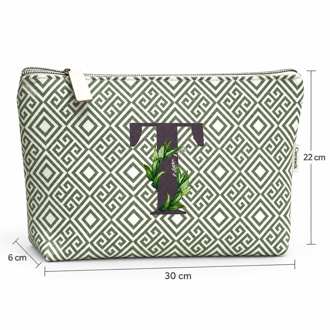 Bolsa Guta verde letra T — medidas 30 × 22 × 6 cm