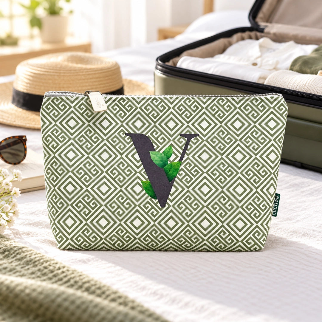 Bolsa Guta verde letra V — ambiente de viagem