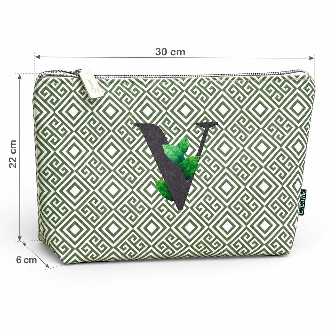 Bolsa Guta verde letra V — medidas 30 × 22 × 6 cm