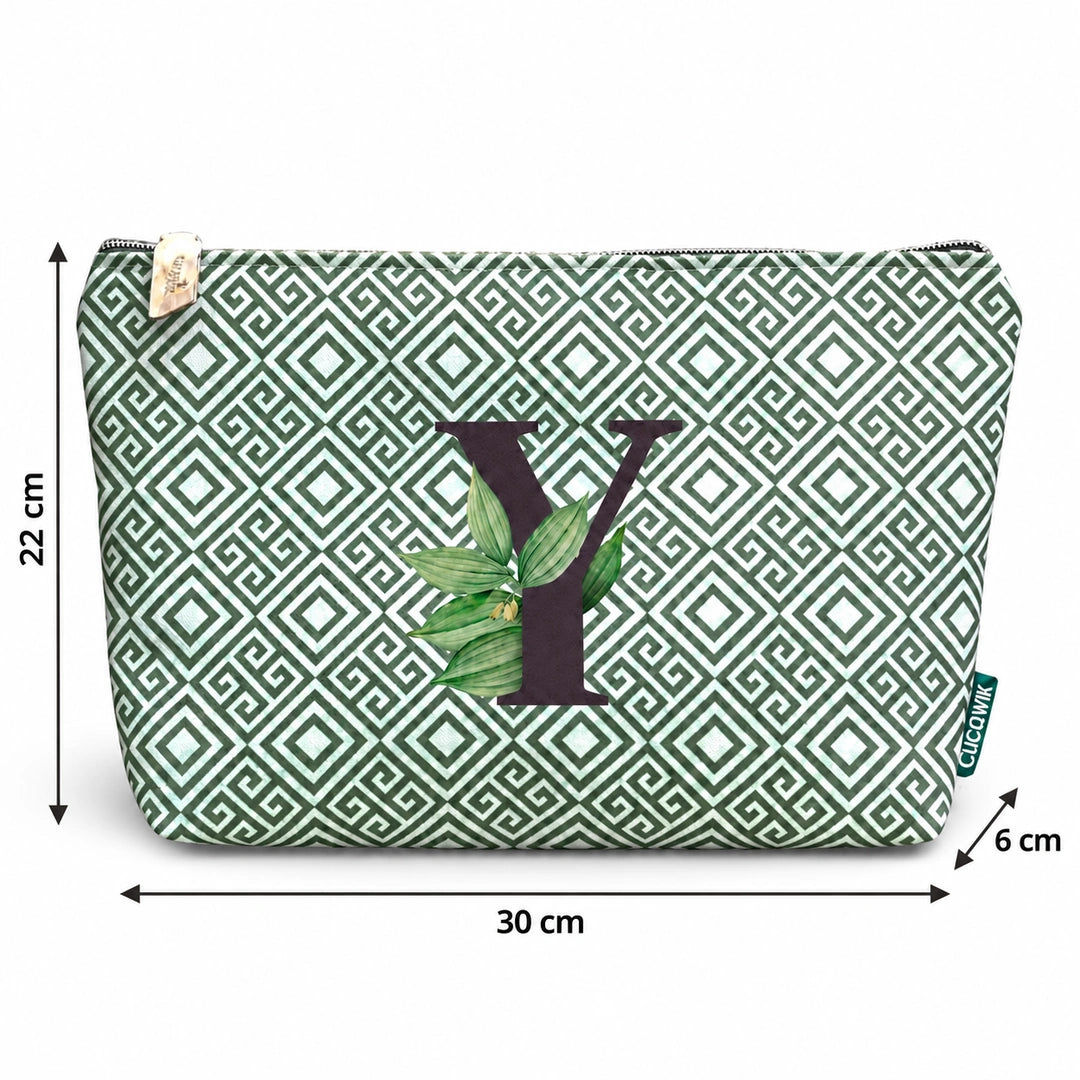Bolsa Guta verde letra Y com medidas 30 × 22 × 6 cm.