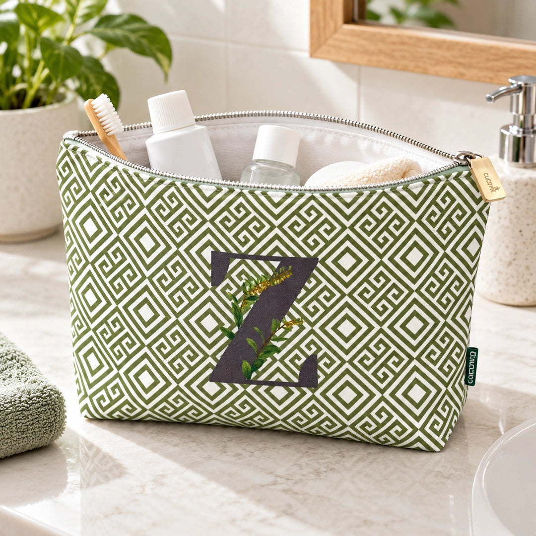 Bolsa Guta verde letra Z — aberta em utilização com artigos de higiene