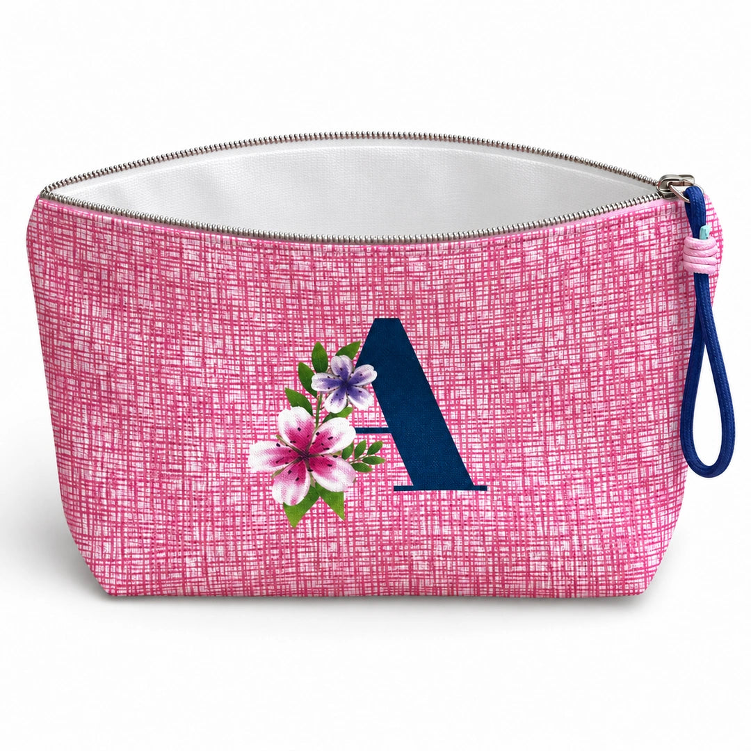 Bolsa Vera rosa letra A aberta e vazia, interior branco sem forro nem divisórias