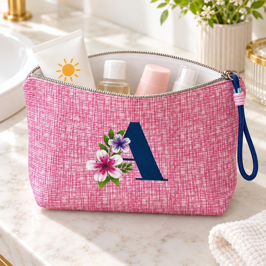 Bolsa Vera rosa letra A aberta com produtos de higiene e interior branco